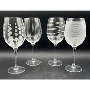 Mikasa Cheers White Wine Glasses Set of 4 8.75" Etched Dots Lines Swirls Stripes